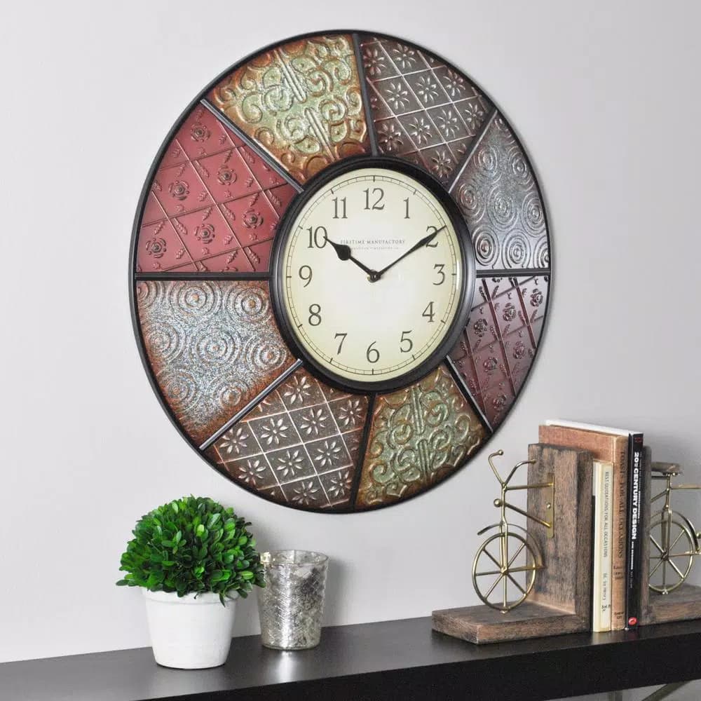 FirsTime 20.5 in. Round Patchwork Wall Clock, Multicolor Modern Quartz Movement