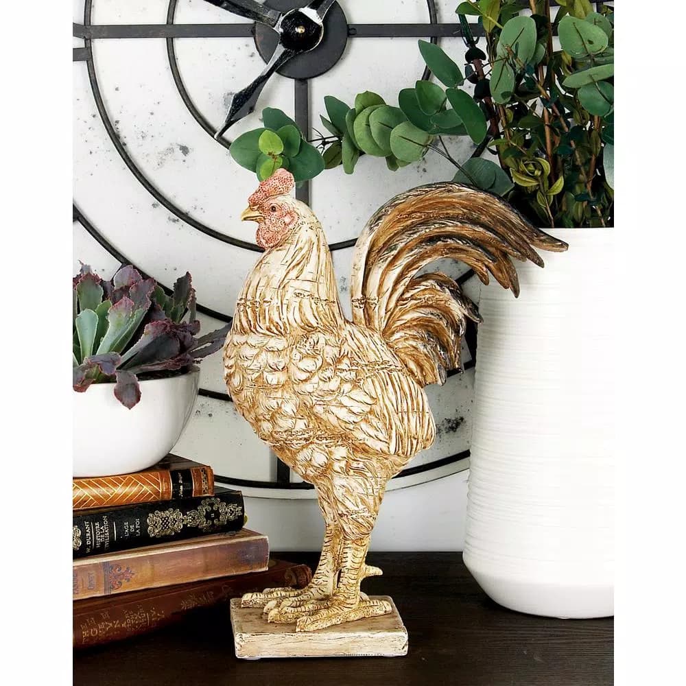 LITTON LANE Textured Beige Rooster Polystone Sculpture - Farmhouse Style Statuary