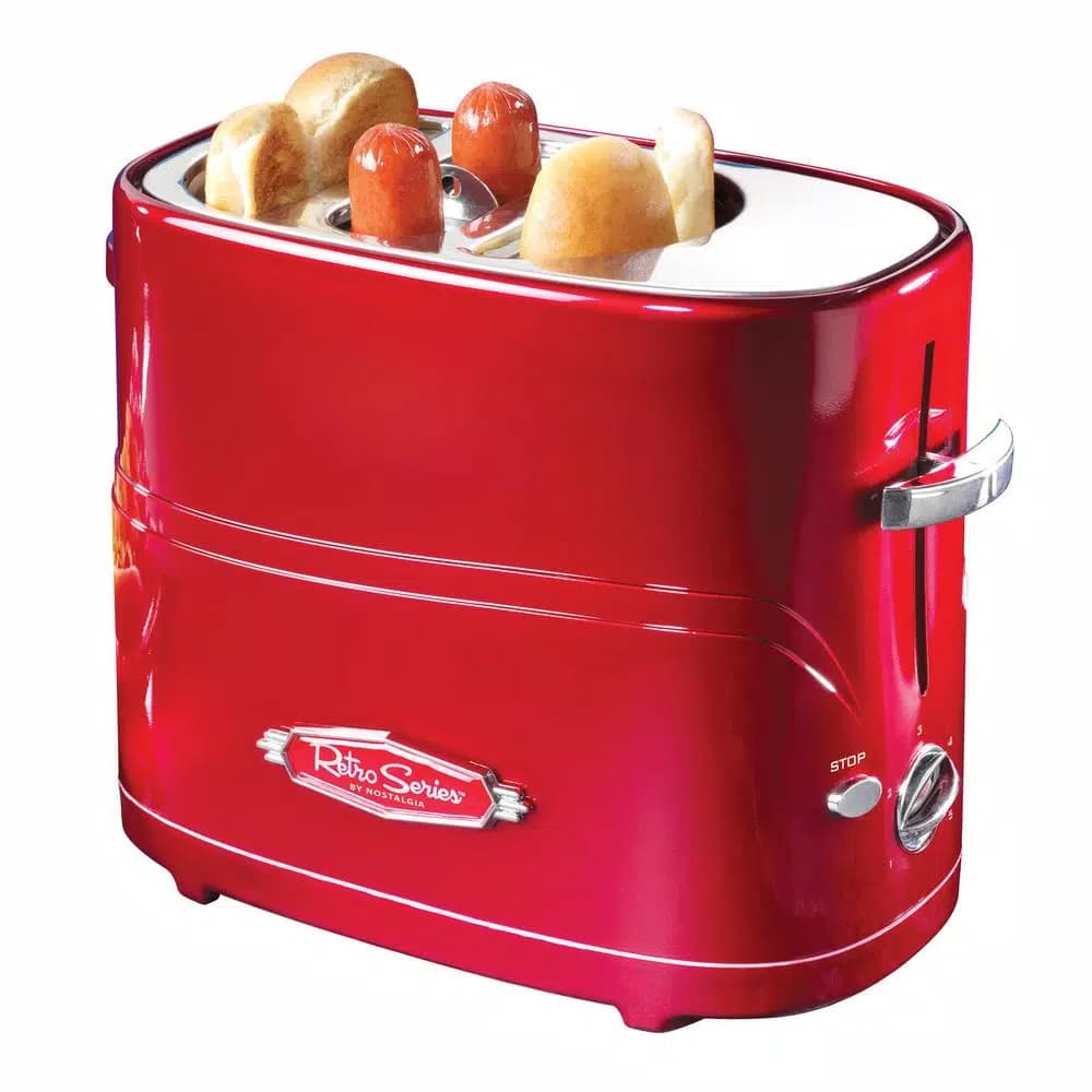 Nostalgia Retro Series 2-Slice Red Hot Dog and Bun Toaster with Mini Tongs