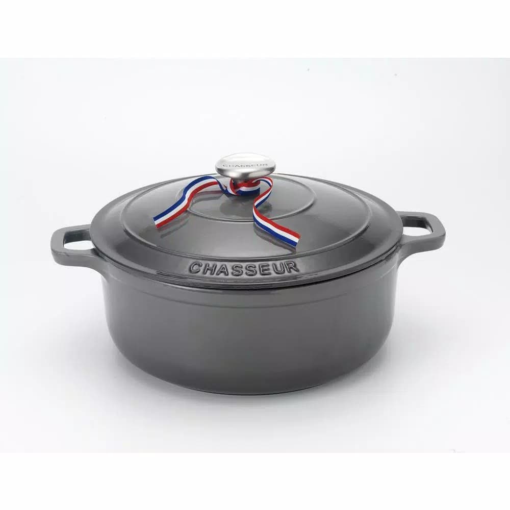Chasseur 5.5 qt. Round Enameled Cast Iron Dutch Oven with Lid, Caviar Grey