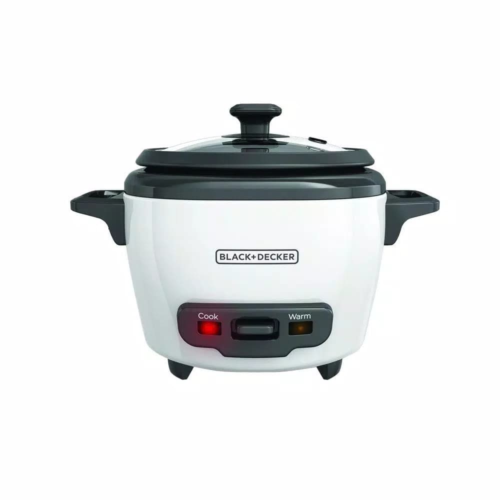 BLACK+DECKER 3-Cup White Electric Rice Cooker with Steaming Basket and Non-Stick Pot