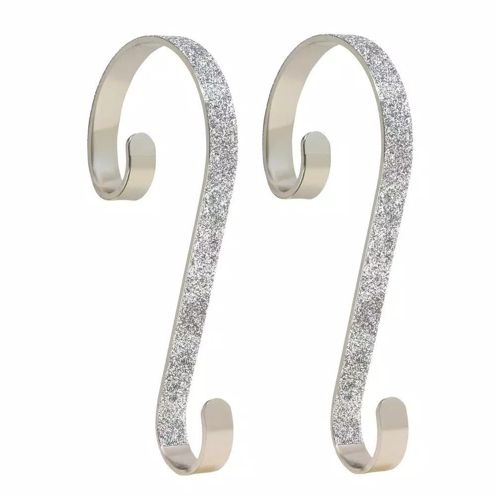 Haute Decor 6 in. Silver Glitter Steel Stocking Scroll Holders, 2-Pack