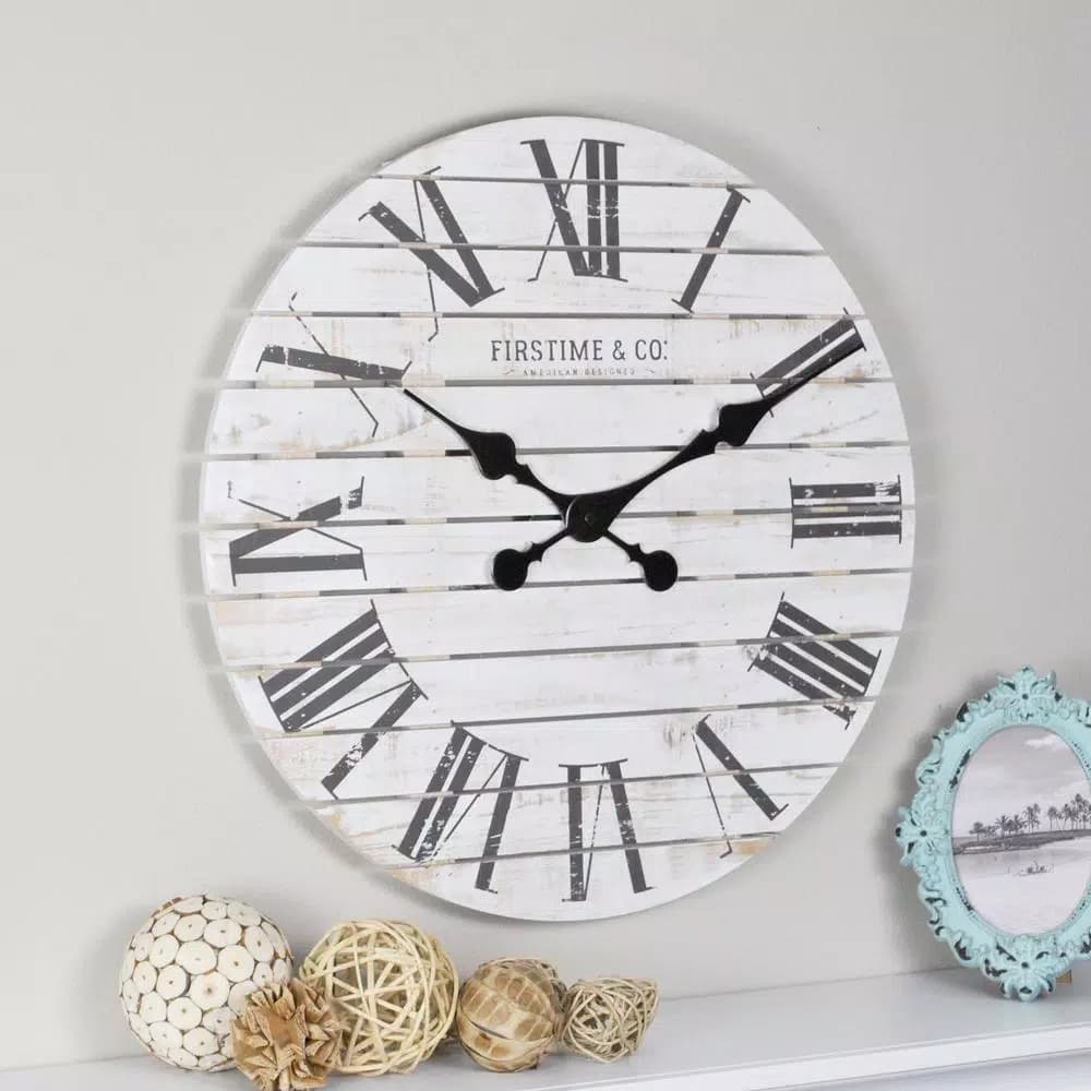 FirsTime 18 in. Shiplap White Wall Clock with Roman Numerals