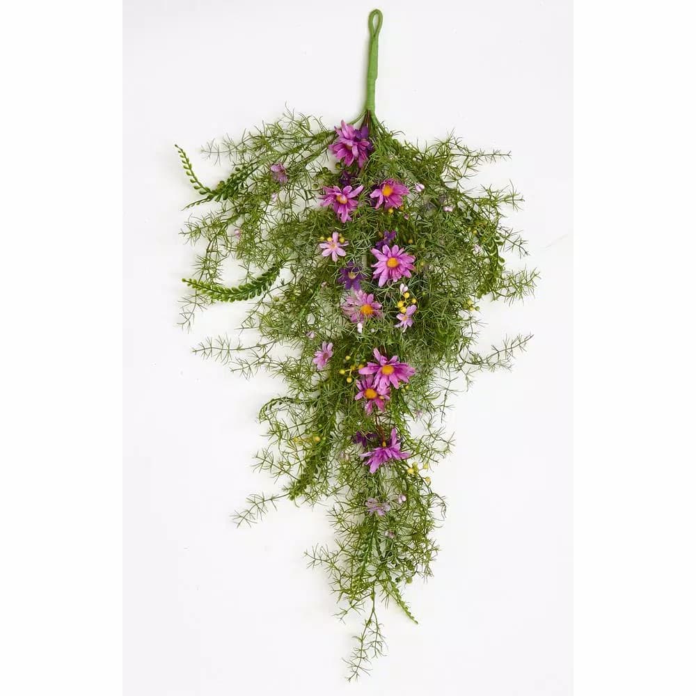 Worth Imports 28 in. Grass Teardrop Wreath with Purple Wildflowers and Lush Greenery