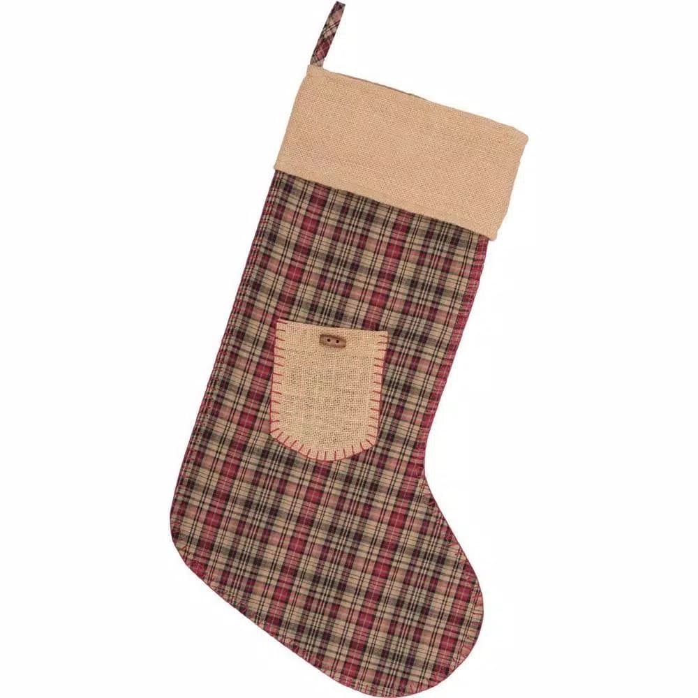 VHC Brands Clement 20 in. Red Plaid and Jute Burlap Rustic Christmas Stocking