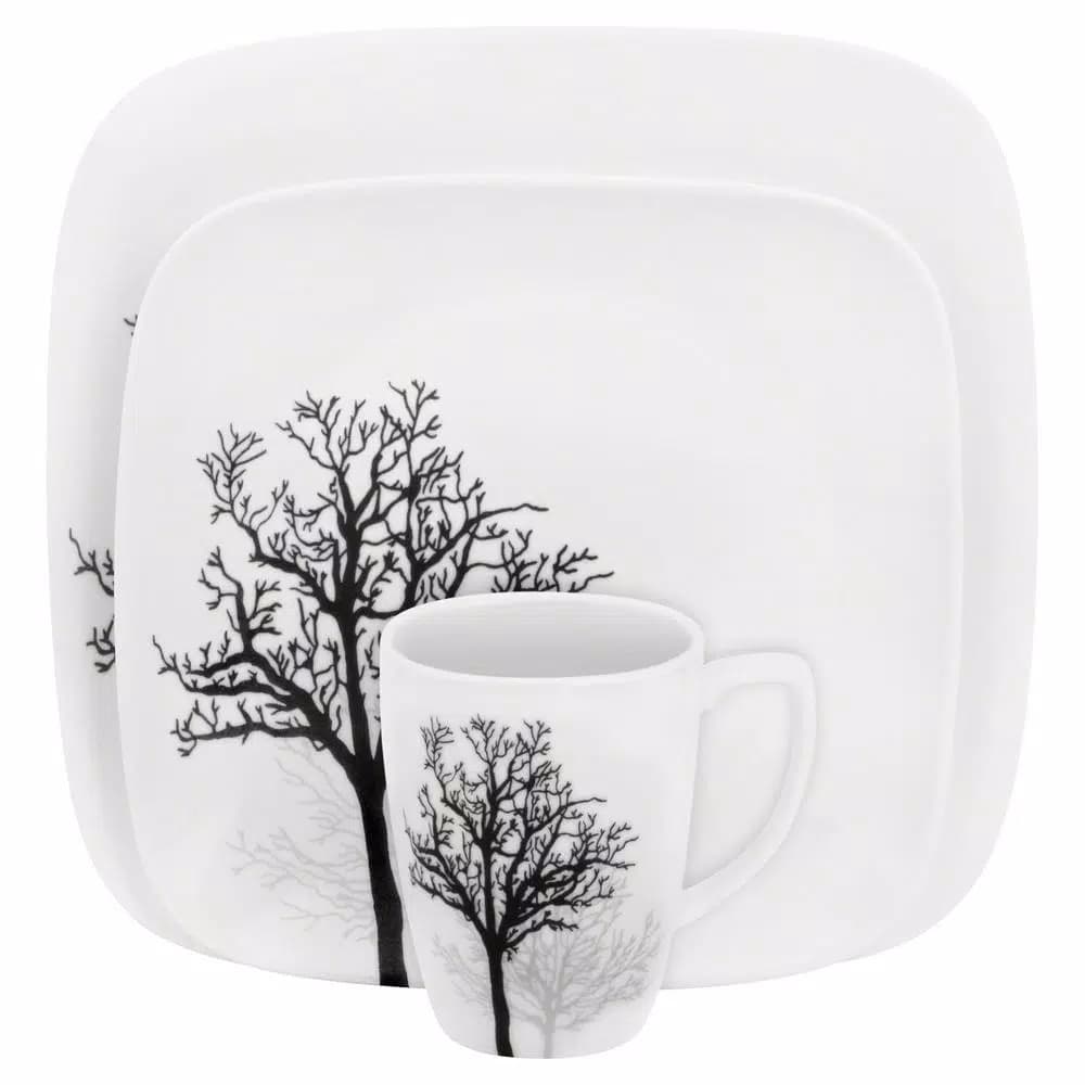 Corelle Square 16-Piece Black Trees Glass Dinnerware Set, Service for 4