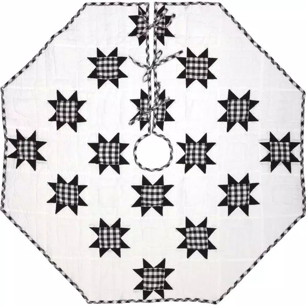 VHC Brands Emmie 48 in. Black and White Patchwork Christmas Tree Skirt, Hand-Quilted Cotton