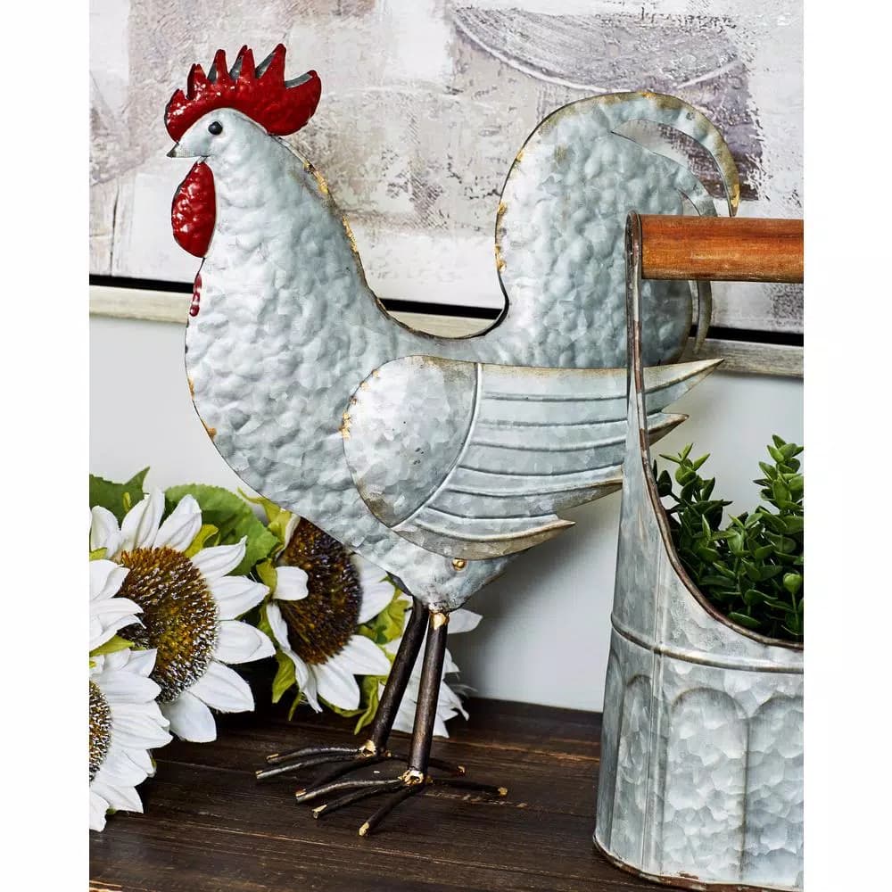 LITTON LANE 20 in. Standing Hen Iron Sculpture - Distressed White Farmhouse Rooster Decor