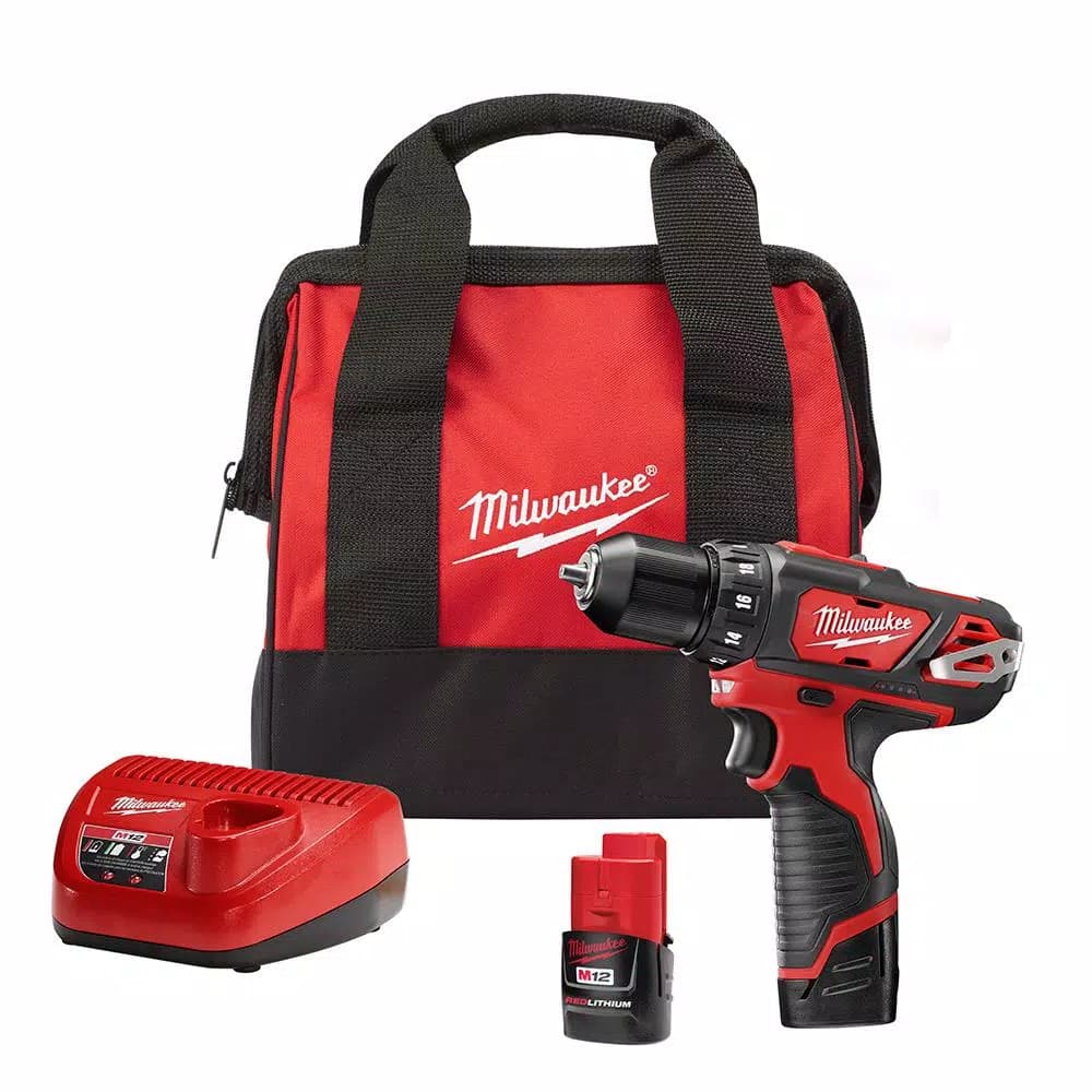 Milwaukee M12 12V Lithium-Ion Cordless 3/8 in. Drill/Driver Kit with Two 1.5 Ah Batteries, Charger and Bag