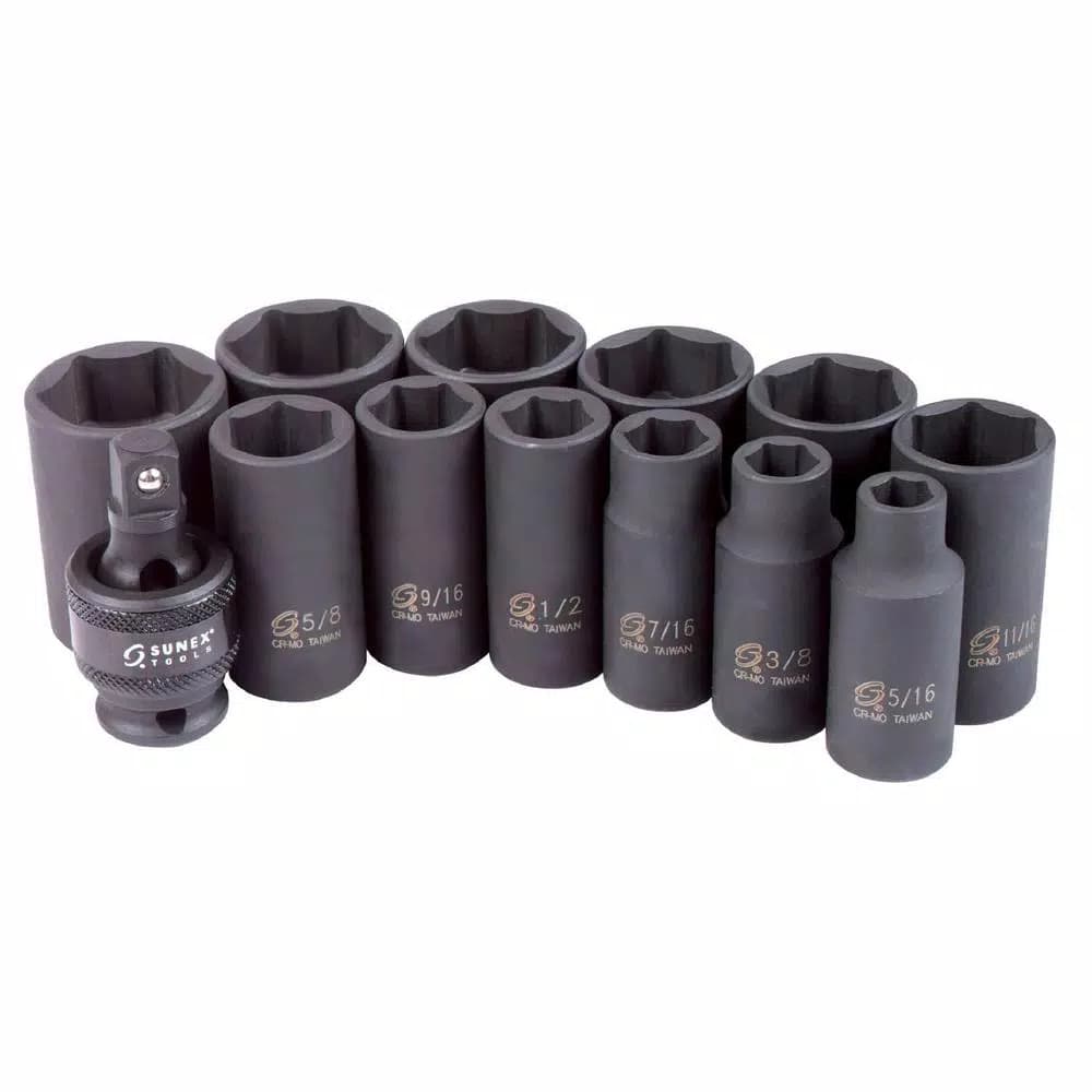 SUNEX TOOLS 3/8 in. Drive SAE Mid-Depth Impact Socket Set, 13-Piece with Universal Joint
