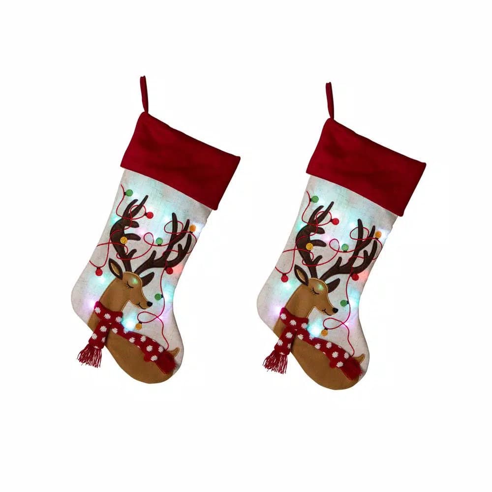 Glitzhome 21 in. LED Embroidered Polyester Linen Christmas Stockings, 2-Pack