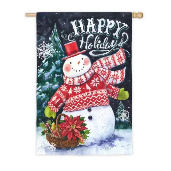 Evergreen 28 x 44 in. Norwegian Christmas Snowman and Santa House Suede Flag