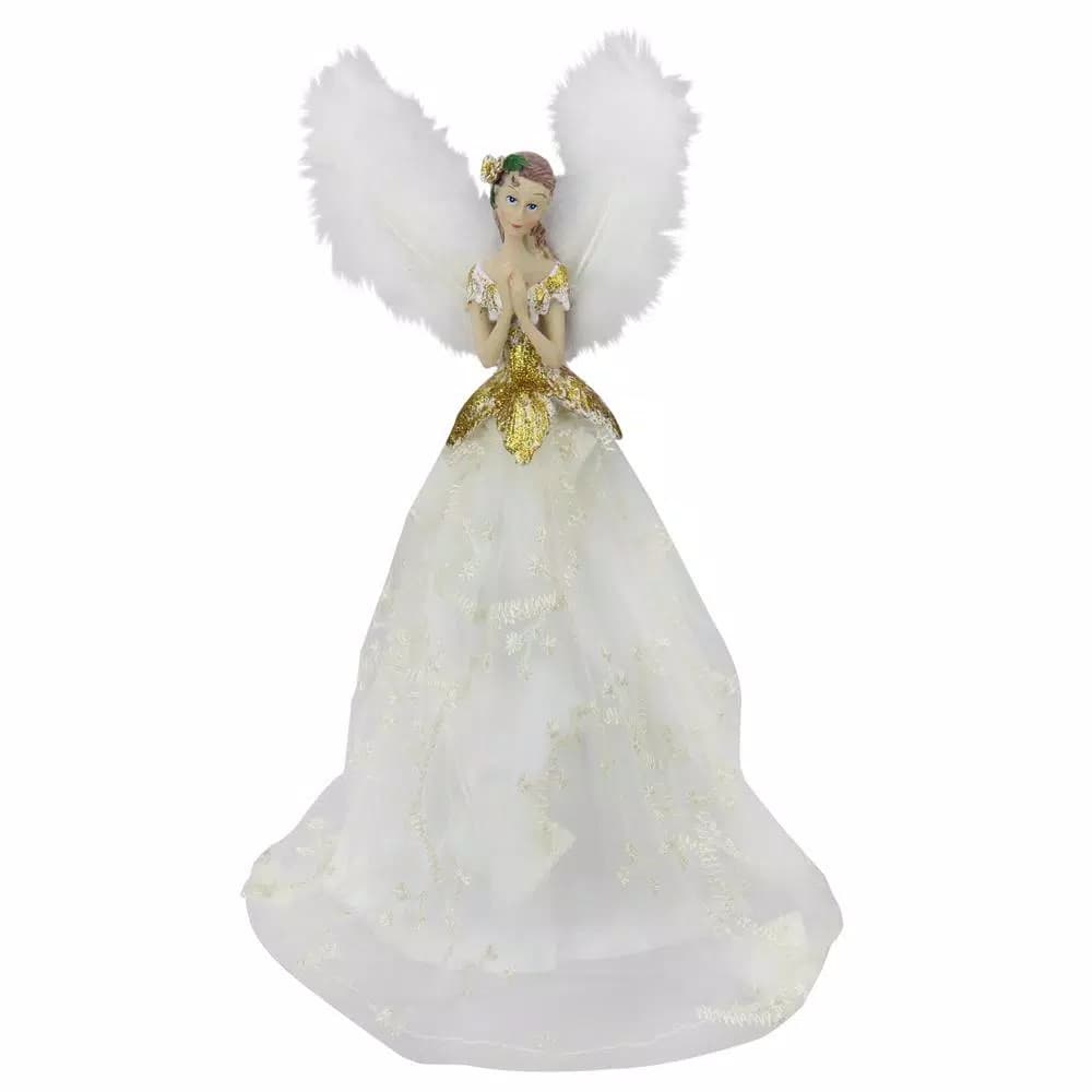 Northlight 10 in. Angel Tree Topper in Ivory Dress with Sheer Overlay and Feather Wings
