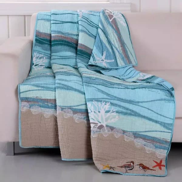Greenland Home Fashions Maui Multicolored Quilted Cotton Throw, Coastal Beach and Nautical Reversible Design