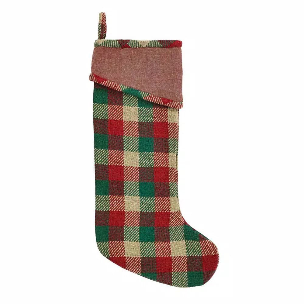 VHC Brands 20 in. Ruby Red Rustic Christmas Cotton Plaid Stocking with Cinnamon Cuff