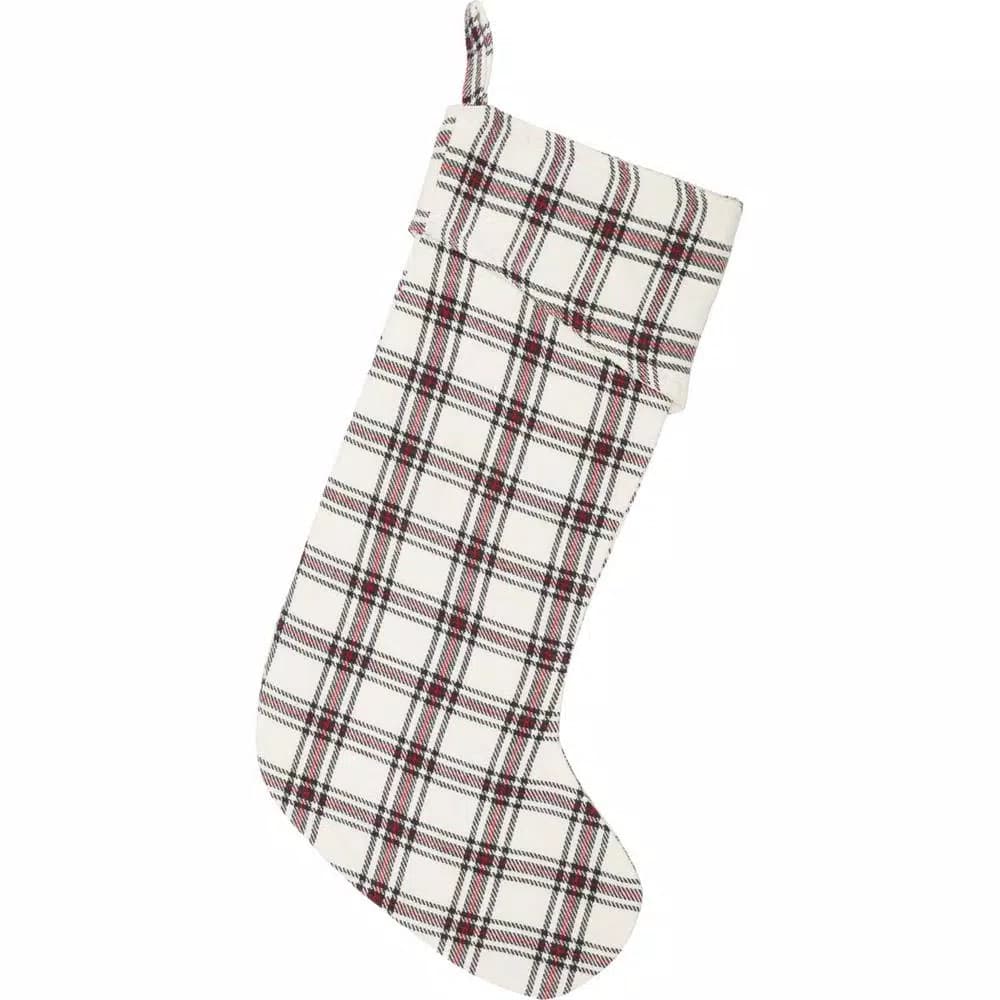 VHC Brands Amory 20 in. Cotton Plaid Christmas Stocking - Ivory, Brick Red, and Black Farmhouse Decor