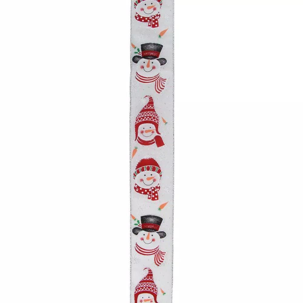 Northlight 2.5 in. x 16 yds. White and Red Snowman Wired Craft Ribbon with Silver Glitter