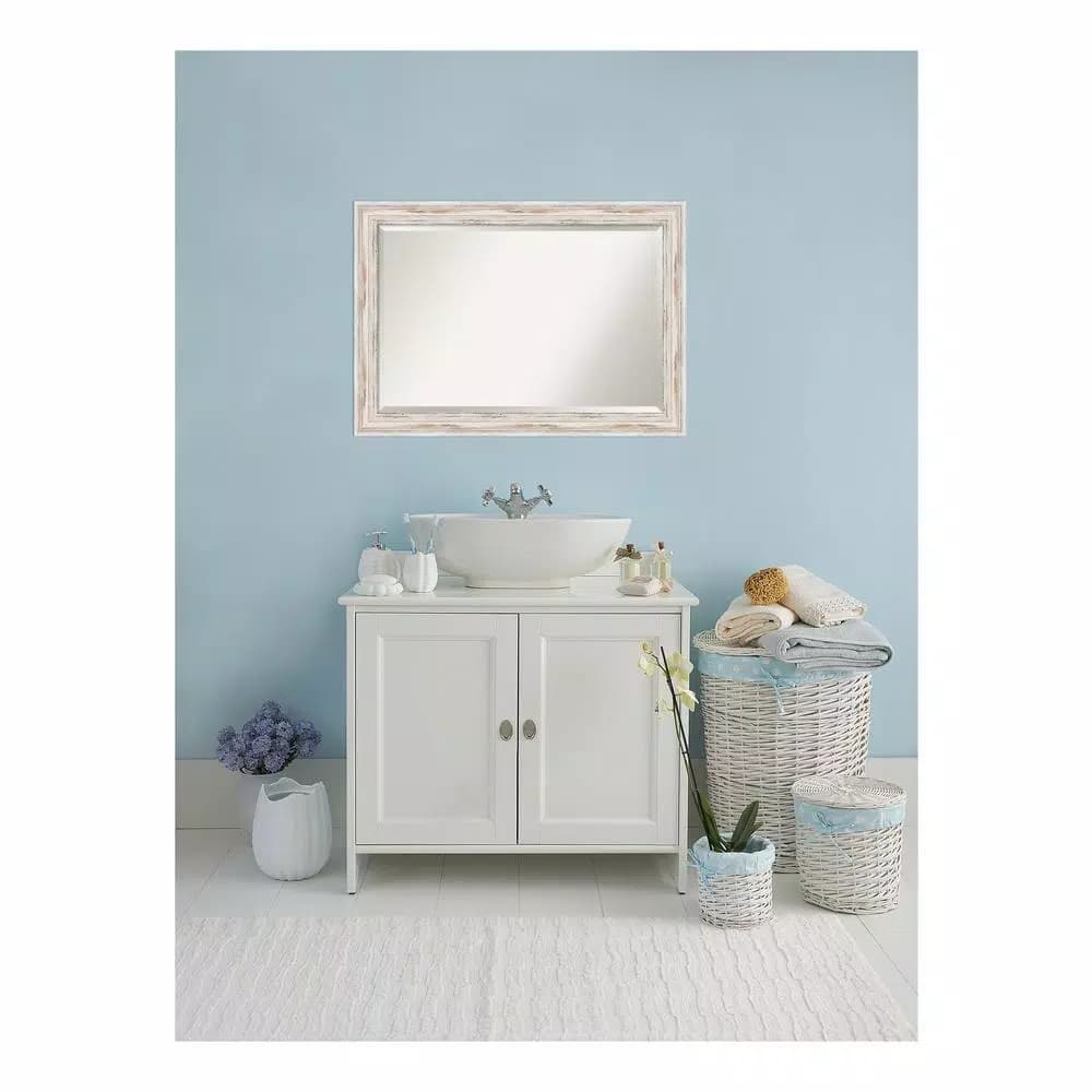 Amanti Art Alexandria 41 in. W x 29 in. H Distressed Whitewash Wood Framed Beveled Bathroom Mirror