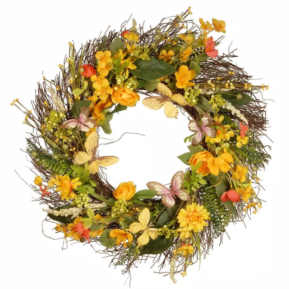 National Tree Company 24 in. Decorative Spring Wreath with Mixed Flowers, Greenery, and Butterflies