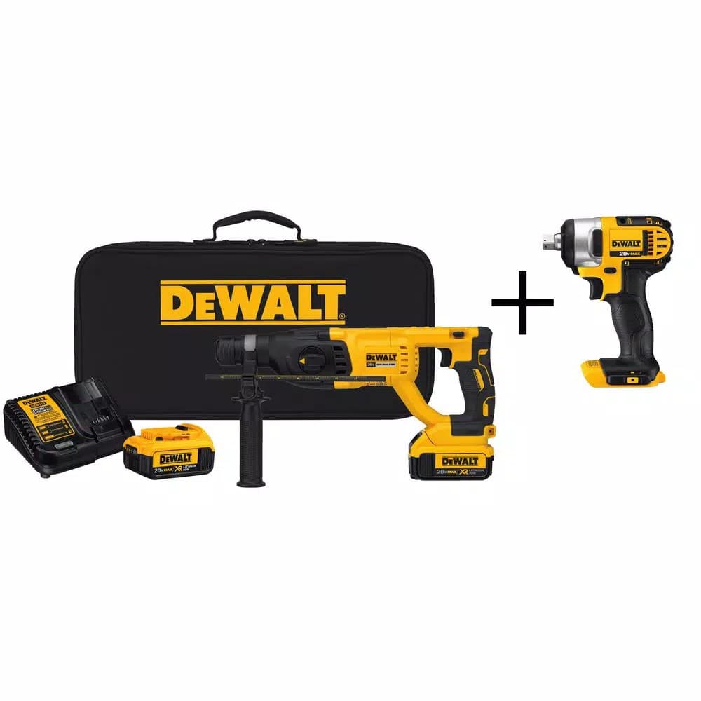 DEWALT 20V MAX XR Brushless 1 in. SDS Plus D-Handle Rotary Hammer Kit with (2) 4.0Ah Batteries & 1/2 in. Impact Wrench