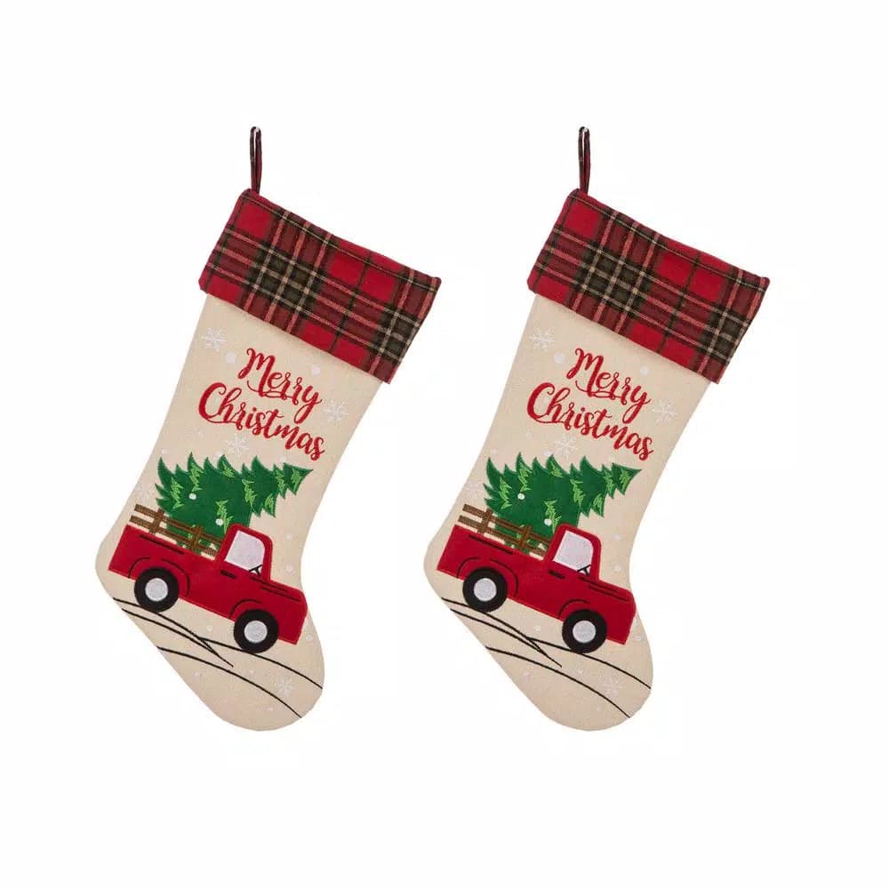 Glitzhome 21 in. Polyester Embroidered Linen Style Christmas Stocking Set, 2-Pack