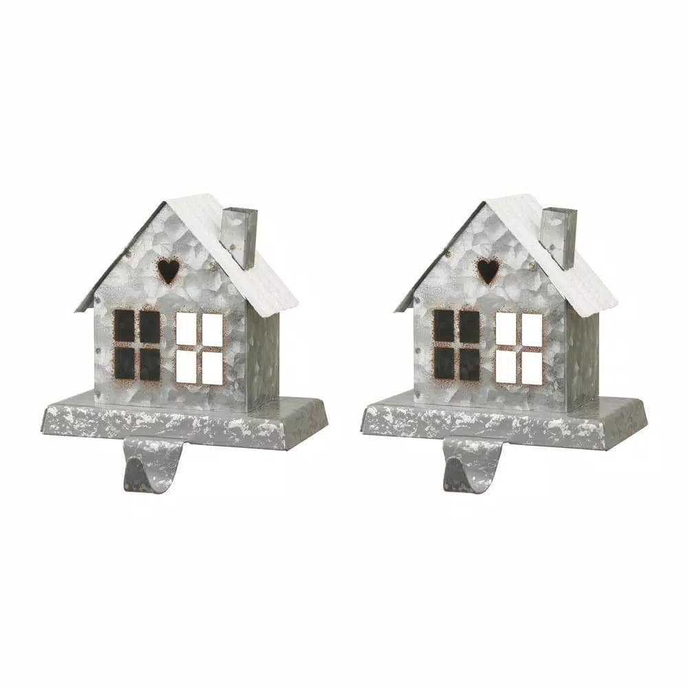 Glitzhome Galvanized Metal House Stocking Holder Set of 2 - Rustic Christmas Mantel Decor