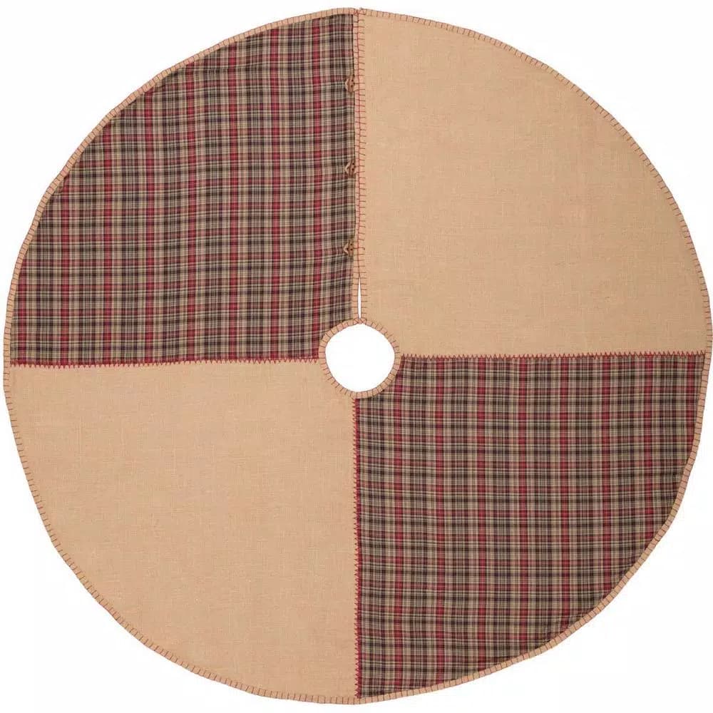 VHC Brands 55 in. Clement Natural Tan and Red Plaid Rustic Christmas Tree Skirt