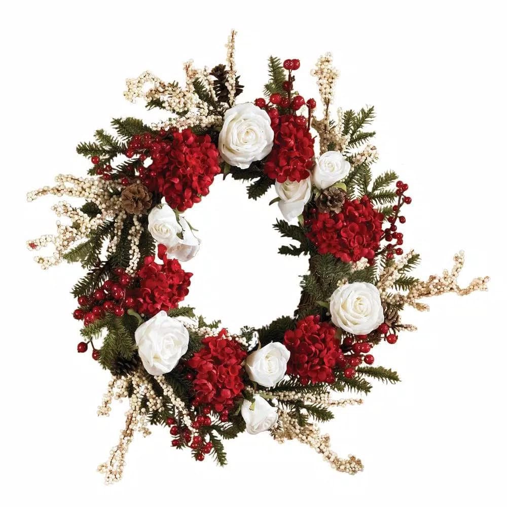 Nearly Natural 24in. Artificial Hydrangea and White Rose Wreath with Berries and Green Foliage