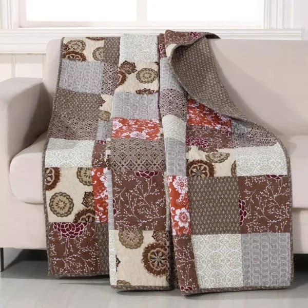 Greenland Home Fashions Stella Multicolored Quilted Cotton Throw, Patchwork Floral & Geometric Reversible Blanket