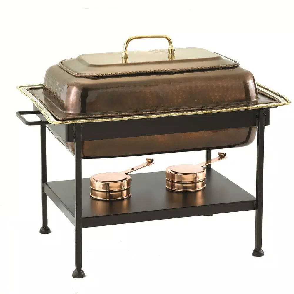 Old Dutch 8 Qt. Rectangular Antique Copper over Stainless Steel Chafing Dish with Iron Stand