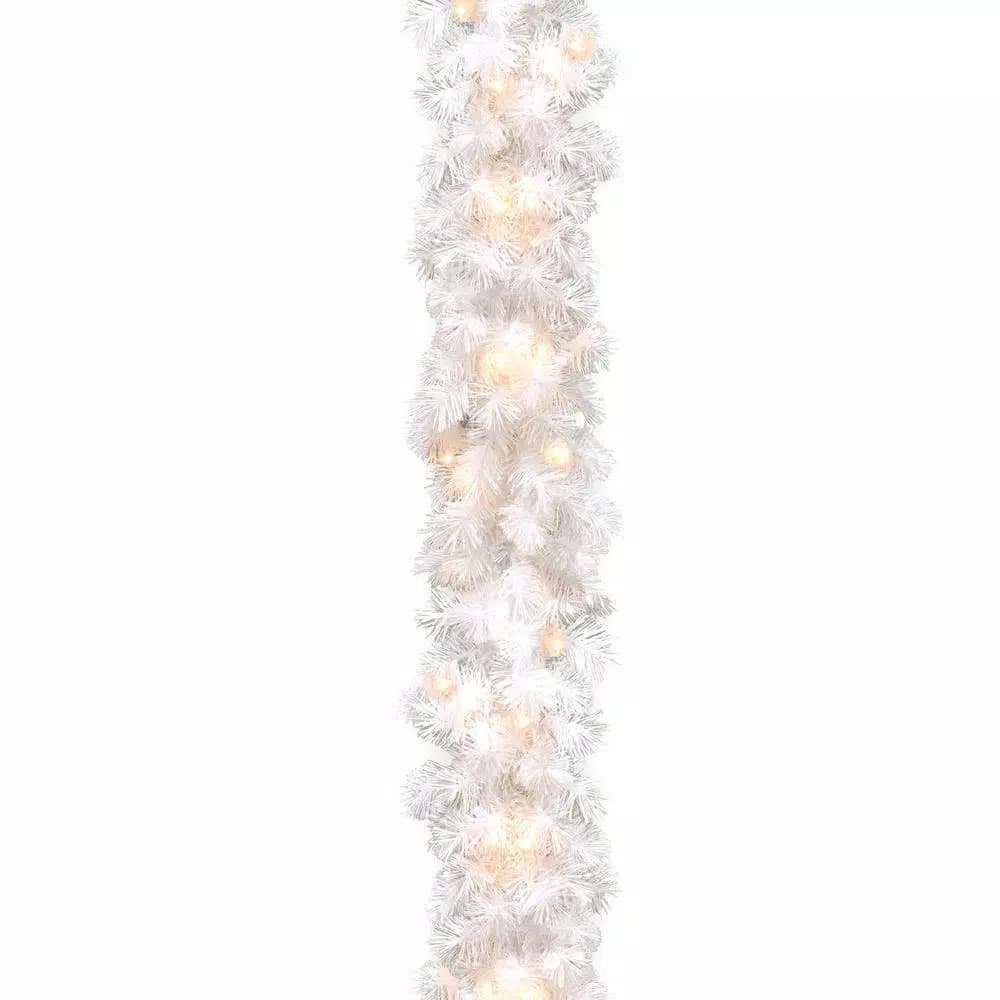 Unbranded Wispy Willow White 9 ft. Artificial Garland with 100 Clear Lights and Silver Glitter