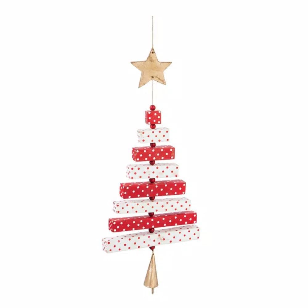 Evergreen 8 in. Red and White Polka Dot Wood Christmas Tree Ornament with Star and Bell