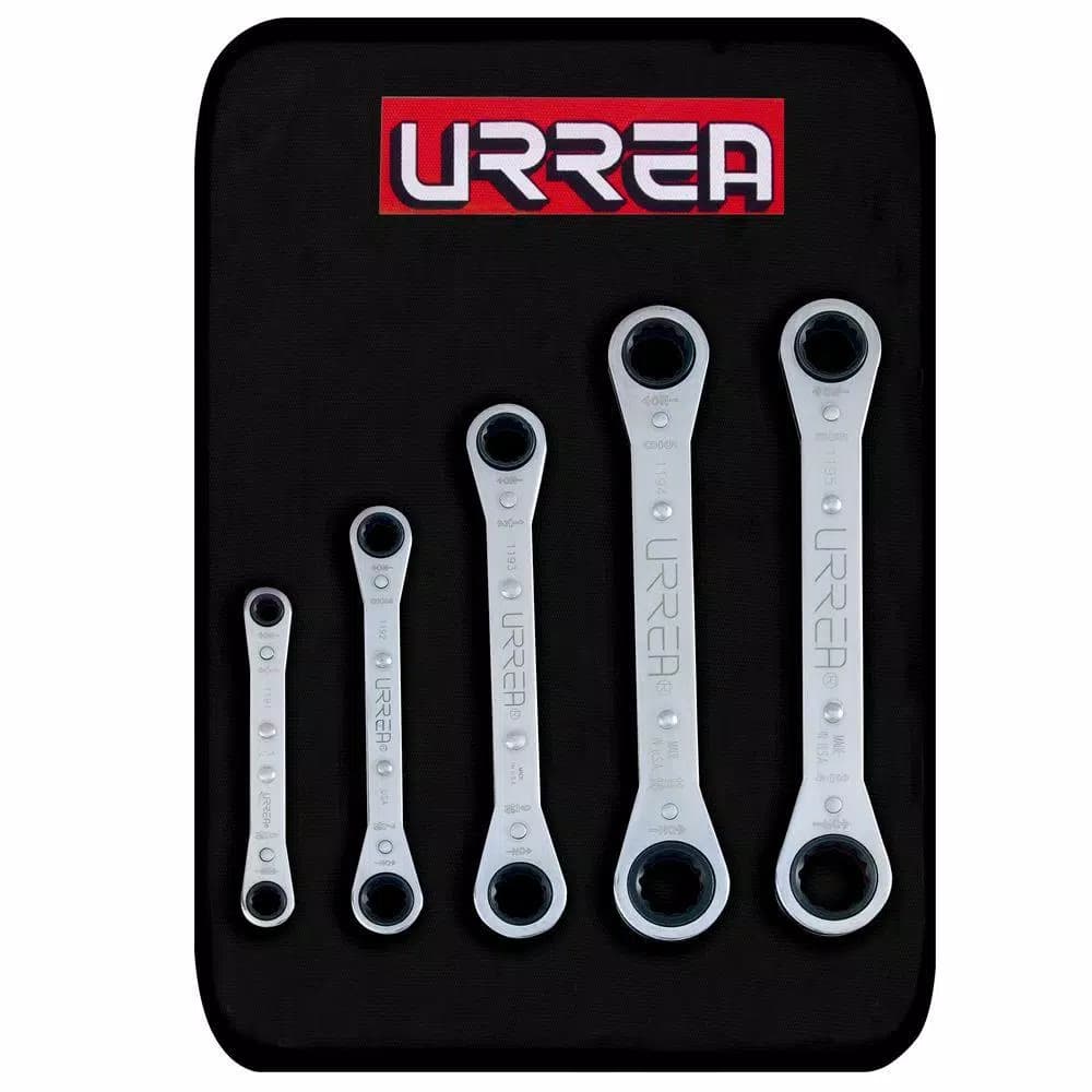 URREA 5-Piece SAE 12-Point Ratcheting Box End Wrench Set with Canvas Rollup Pouch
