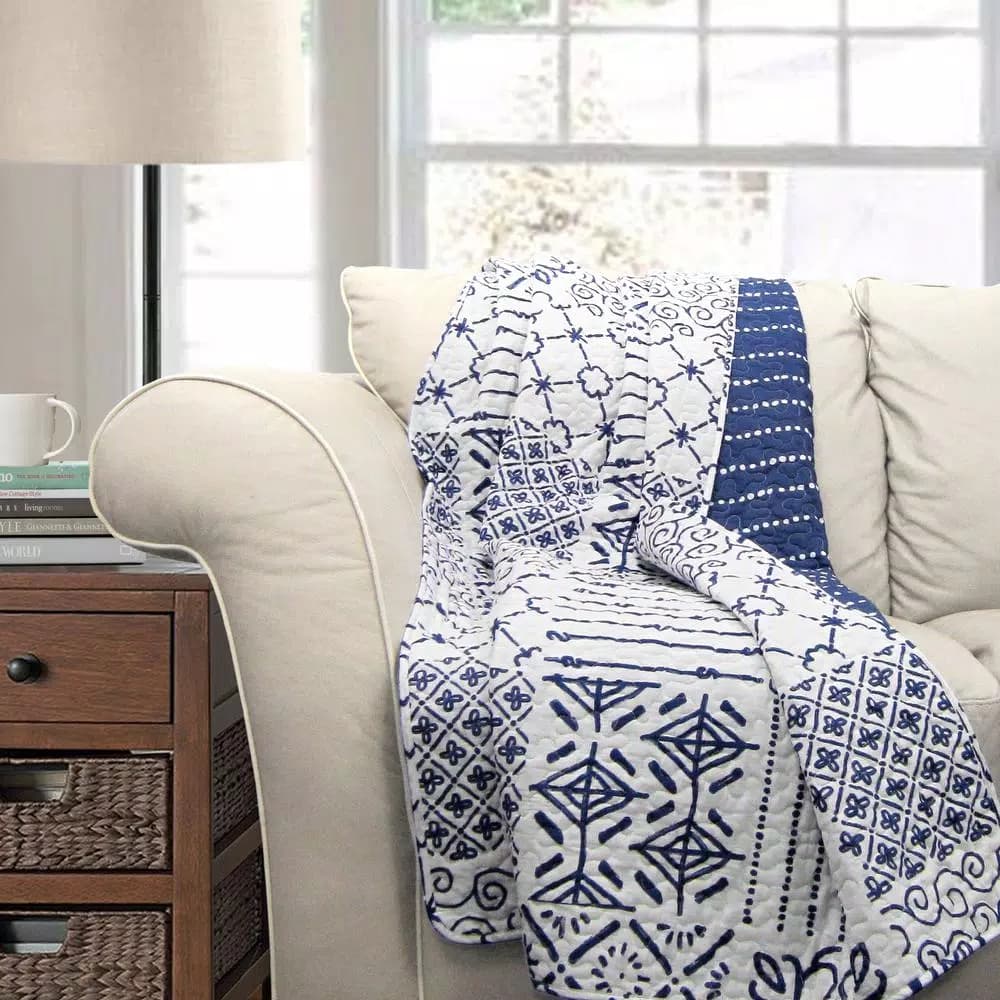 Lush Decor Monique Blue Geometric Patchwork Cotton Throw Blanket