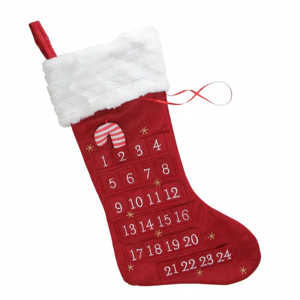 Dyno 22 in. Red and White Advent Calendar Christmas Stocking with Faux Fur Cuff and Candy Cane Marker
