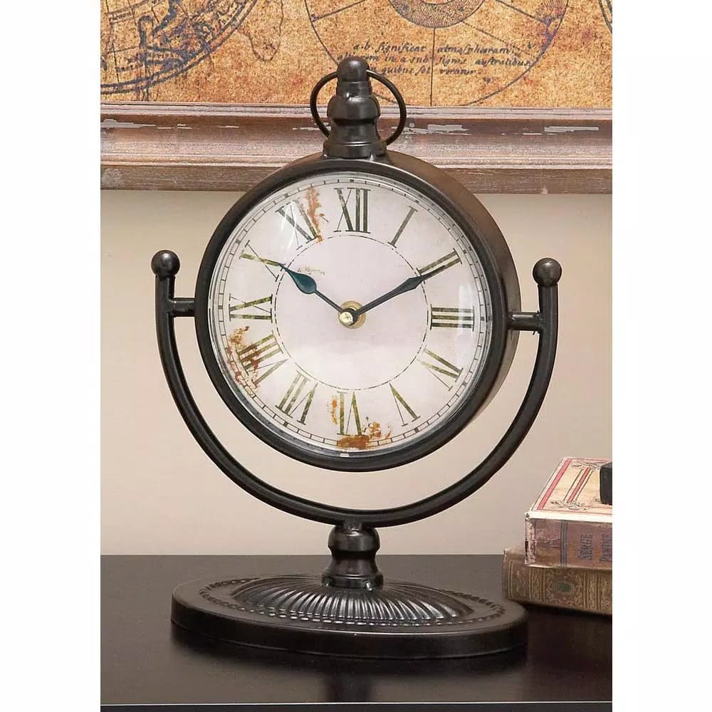 LITTON LANE 12 in. x 4 in. Round Iron Table Clock Set, 4-Pack, Tarnished Black Finish