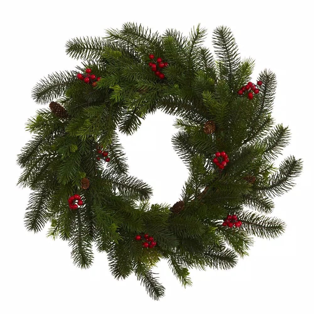 Nearly Natural 24 in. Artificial Pine and Red Berry Wreath, Green