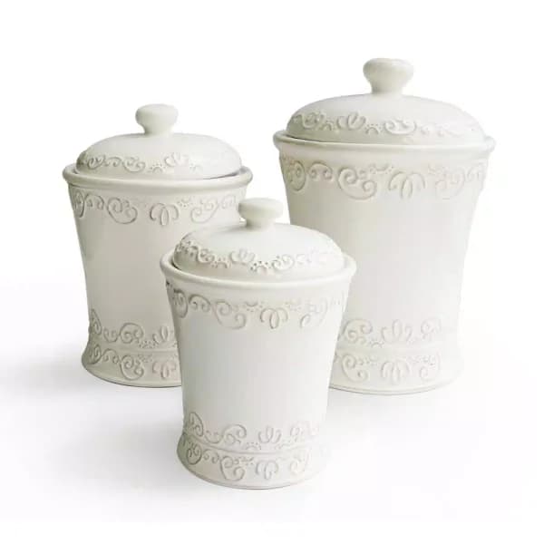 American Atelier Bianca Scroll 3-Piece White Ceramic Canister Set with Lids