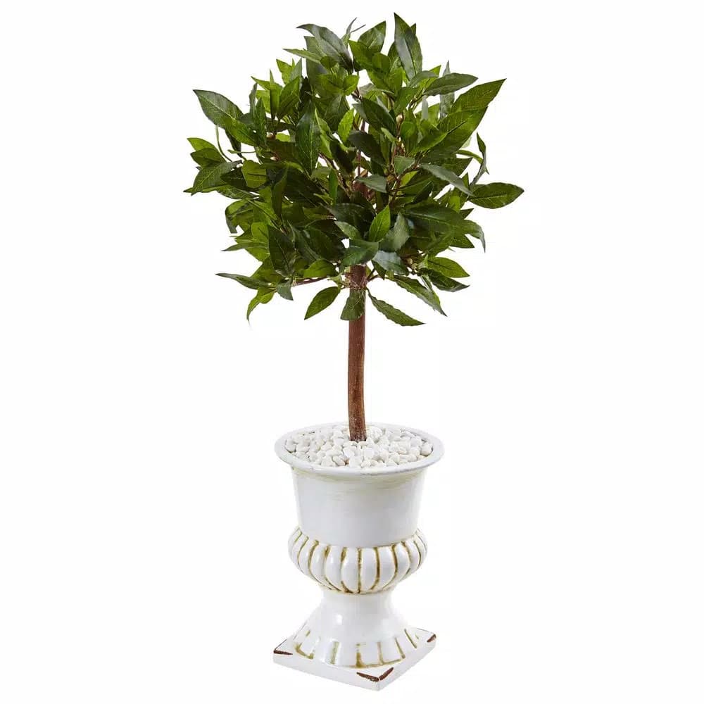 Nearly Natural Indoor Sweet Bay Mini Topiary Artificial Tree in White Grecian Ceramic Urn