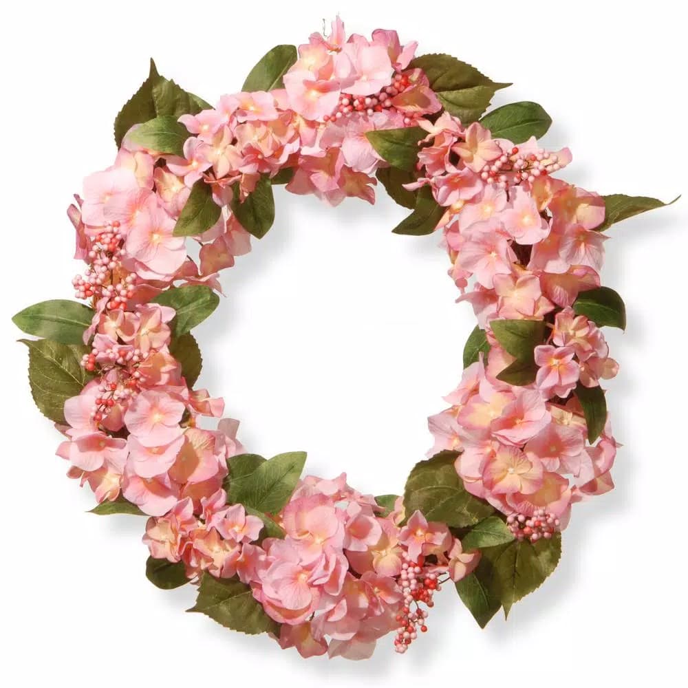 National Tree Company 24 in. Pink Hydrangea Wreath with Berries and Greenery