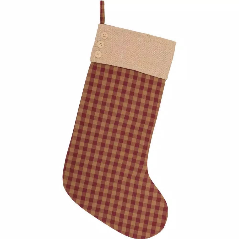 VHC Brands 20 in. Burgundy Check Primitive Christmas Button Stocking - Red and Tan Cotton/Jute Decor