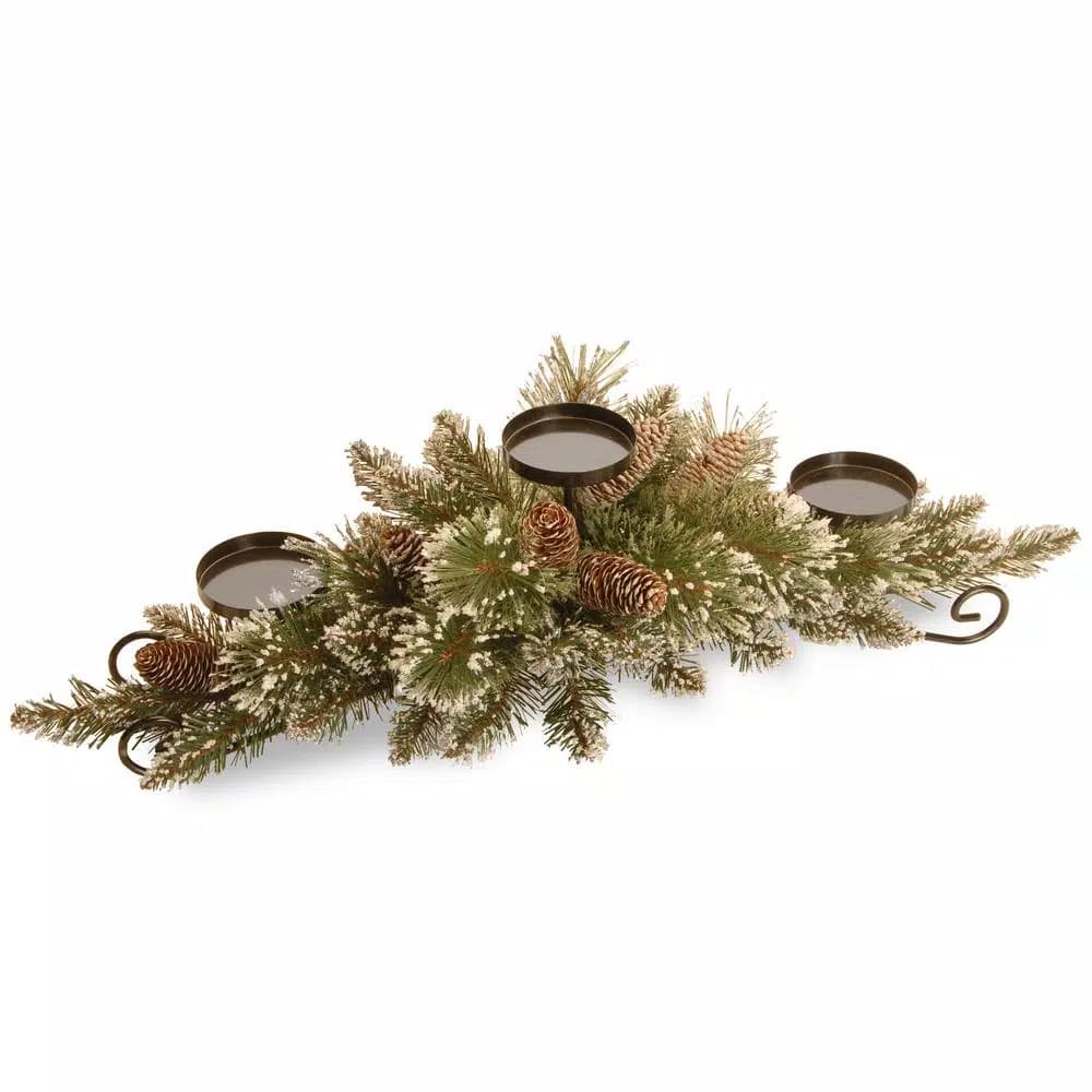 National Tree Company 30 in. Glittery Bristle Pine Centerpiece and 3-Candle Holder