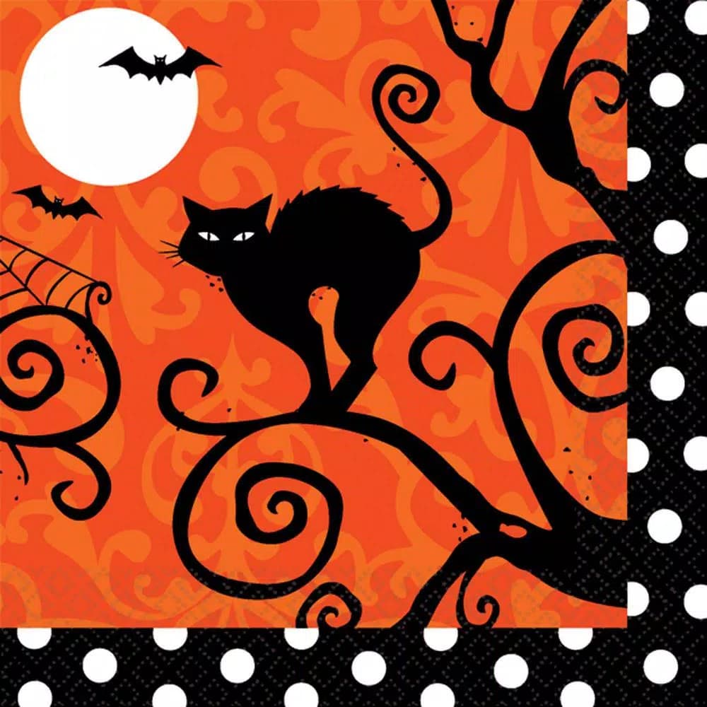 Amscan Frightfully Fancy Halloween Beverage Napkins, Orange with Black Cat Silhouette, 108-Count (3-Pack)