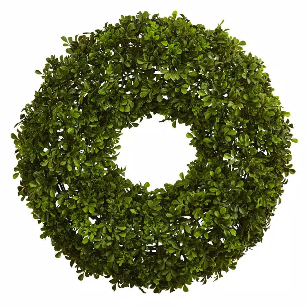Nearly Natural 22 in. Artificial Boxwood Wreath, Lush Greenery Farmhouse Decor