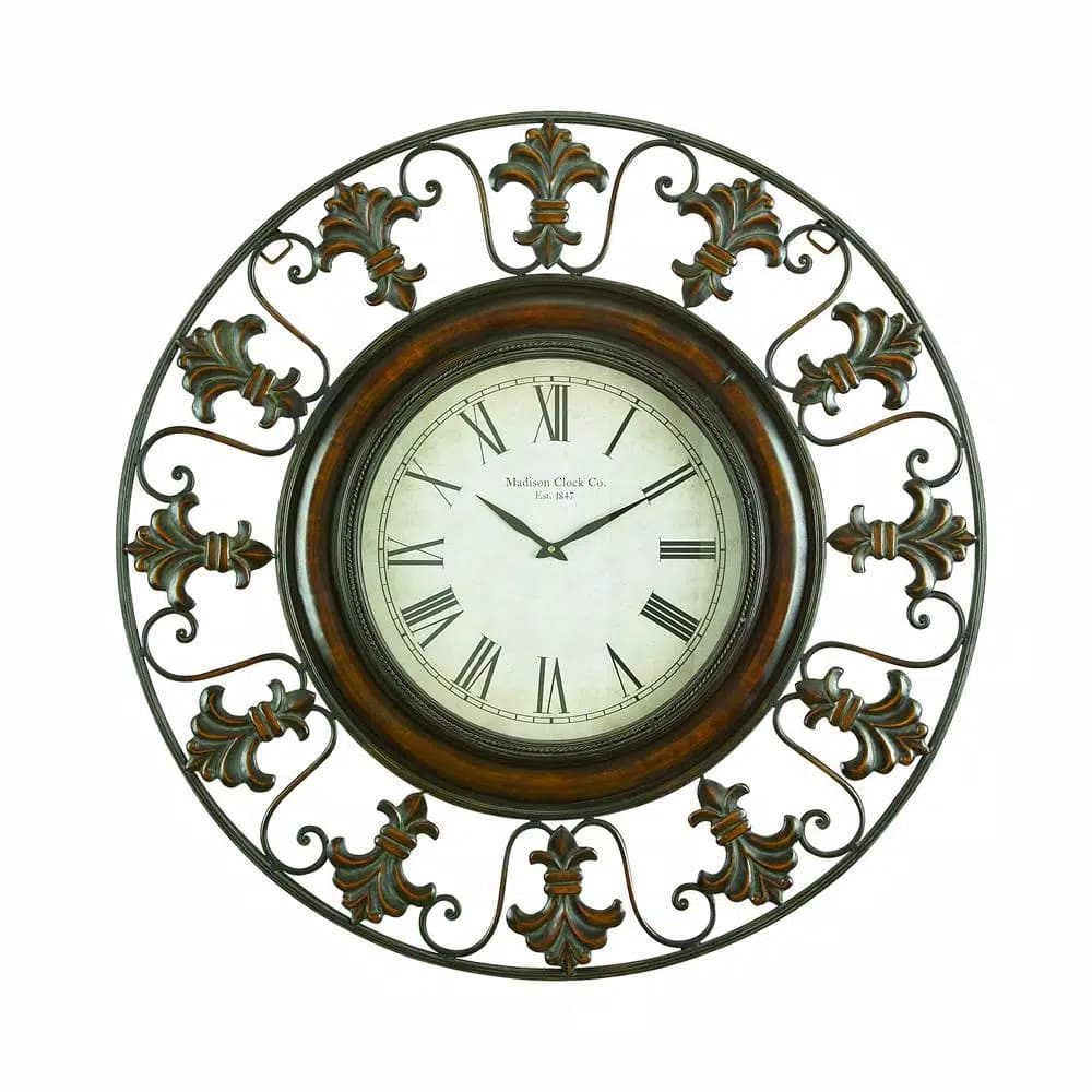 LITTON LANE 38 in. Traditional Fleur-De-Lis Iron Wall Clock - Distressed Bronze Finish