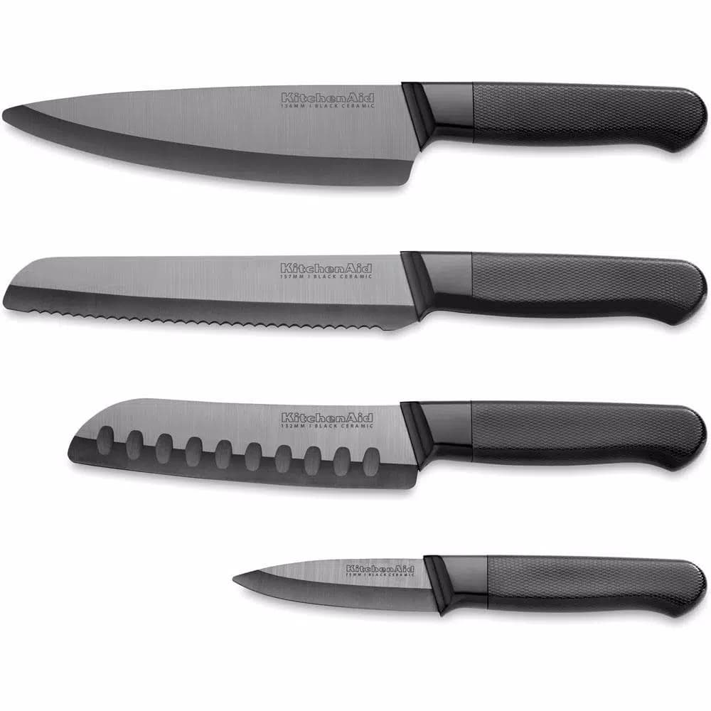 KitchenAid 4-Piece Ceramic Cutlery Set, Stone Grey Blades with Black Handles