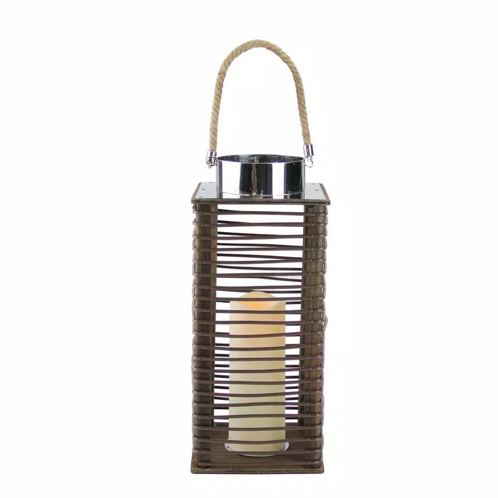 Gerson 15.5 in. Contemporary Wooden Corded Lantern with LED Flameless Pillar Candle and Timer