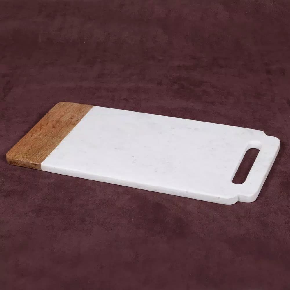 Creative Home Taj Elite Creamy White Marble and Mango Wood Serving Board, 18 x 9 in.