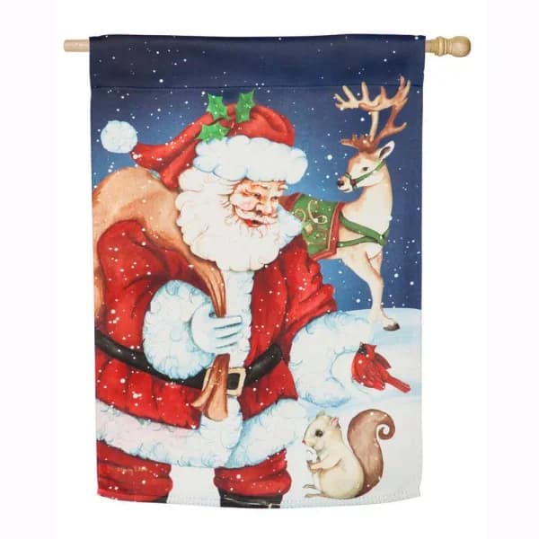 Evergreen Santa and Friends House Suede Flag, 28 in. x 44 in. Double-Sided Christmas Flag