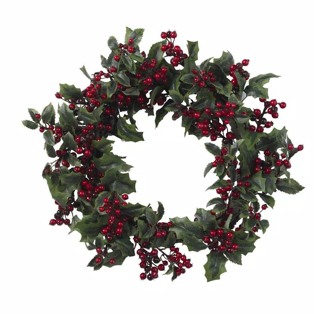 Nearly Natural 24 in. Artificial Holly Berry Wreath with Dark Greenery and Red Berries